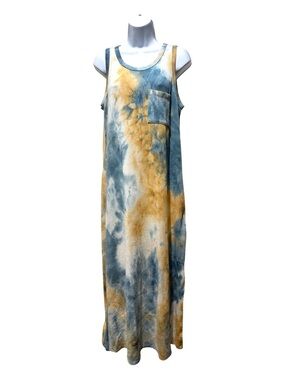 MTS Blue Camel Tie Dye Maxi Dress Sleeveless Side Slit Pocket Size M